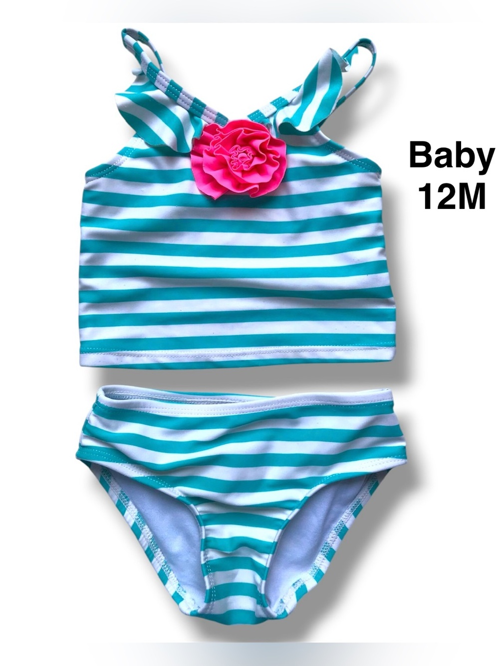 Kids Striped 2 piece Swim Set - Teal and Pink size 12 months